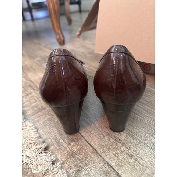 Coach Women's Brown Patent Leather JAYDEN PEEPTOE Wedge Pumps Heels Size 8 - Picture 8 of 13